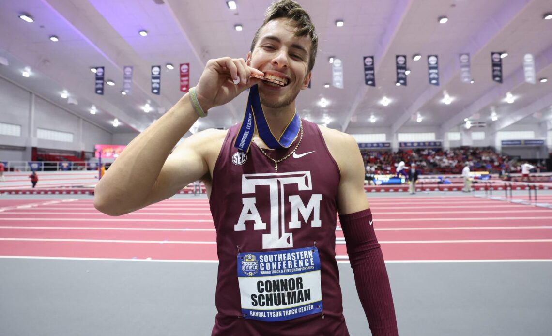 COLLEGE STATION, TX - February 25, 2023 - Connor Schulman of the Texas A&M Aggies during the SEC Championships at Randal Tyson Track Center in Fayetteville, Arkansas. Photo By Evan Pilat/Texas A&M Athletics