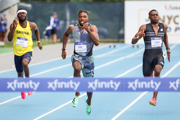 In the Mixed Zones, with Noah Lyles, at at the NYC Grand Prix, June 23, 2023 ( Pre event Zone)