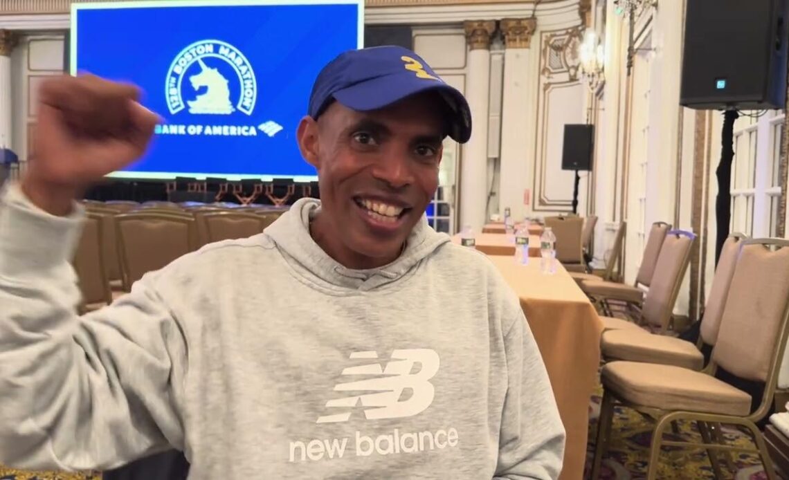 Meb Keflezighi running Boston Marathon on the 10th anniversary of this 2014 victory