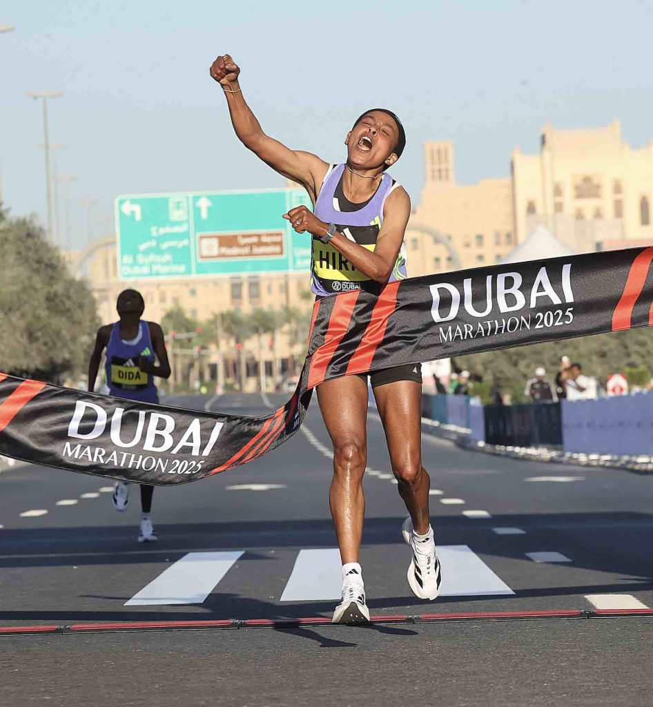 Bute Gemechu and Bedatu Hirpa win the 2025 Dubai Marathon, by Pat Butcher